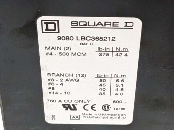 Square D Power Distribution Block 3 Pole 600V 760A 9080LBC365212