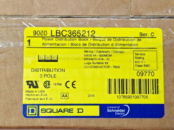 Square D Power Distribution Block 3 Pole 600V 760A 9080LBC365212