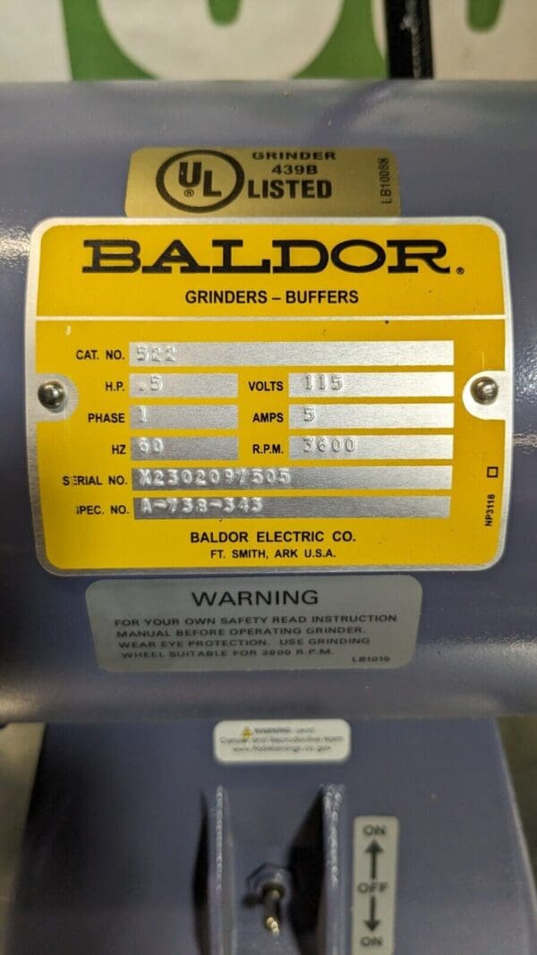 BALDOR RELIANCE Bench Grinder 6″ Wheel Dia 1-1/4″ Arbor Hole 3600 RPM .5 HP 500