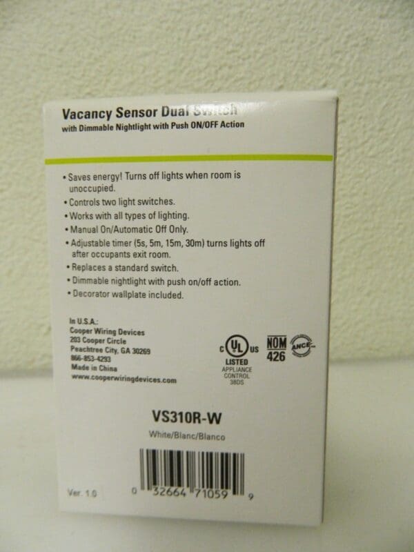 Cooper Wiring Infrared Vacancy Sensor Dual Switch 1,000 Sq. Ft. Cover VS310R-W