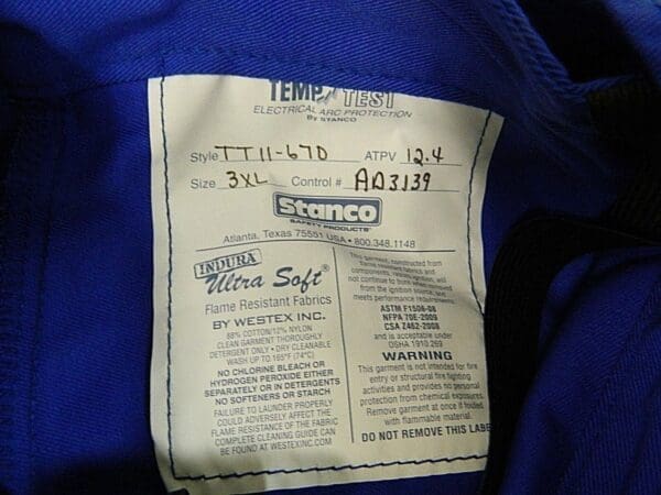 Stanco Temp-Test Arc Flash Protection Overall Blue 3XL 12.4 cal/cm2 TT11670-3XL