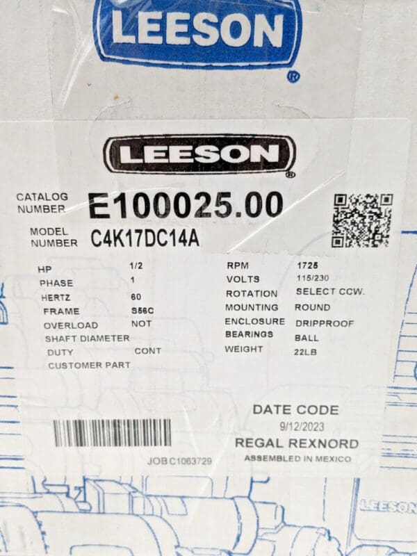 LEESON General Purpose Motor 1/2 hp 1 ph 115/230 V 2.3 A C4K17DC14A E100025.00