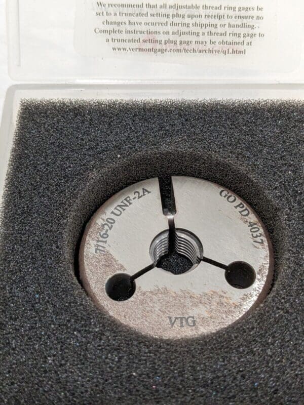 VERMONT GAGE Threaded Ring Gage: 7/16-20 Thread, UNF, Class 2A, Go 361137510