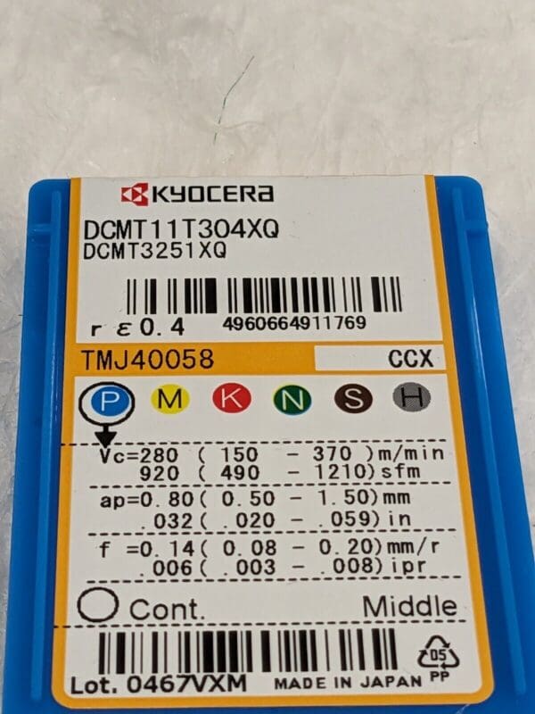 KYOCERA Turning Insert: DCMT11T304XQ CCX, Cermet Qty 10 TMJ40058