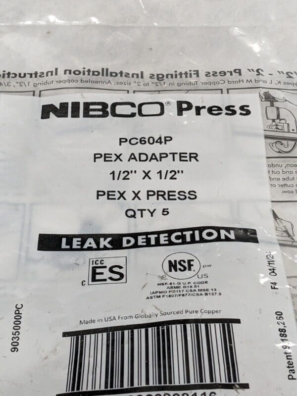 Nibco 3/4" PEX x 3/4" Press Copper Fittings Qty 5 PC604P