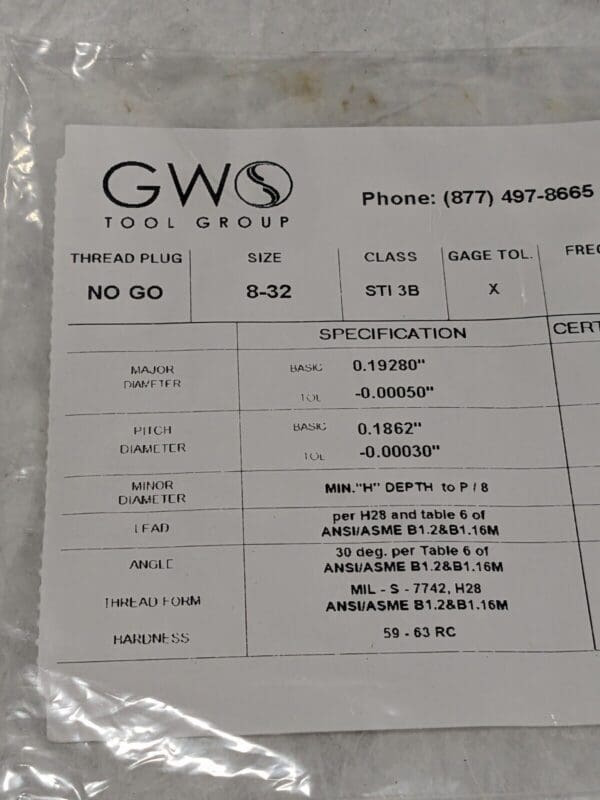 GWS 8-32 Screw Thread Insert , HS Tool Steel, Class 3B No Go Gage 90501-000