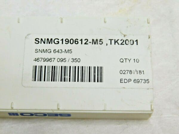 Seco Carbide Turning Inserts SNMG190612-M5 Grade TK2001 Qty 10 69735