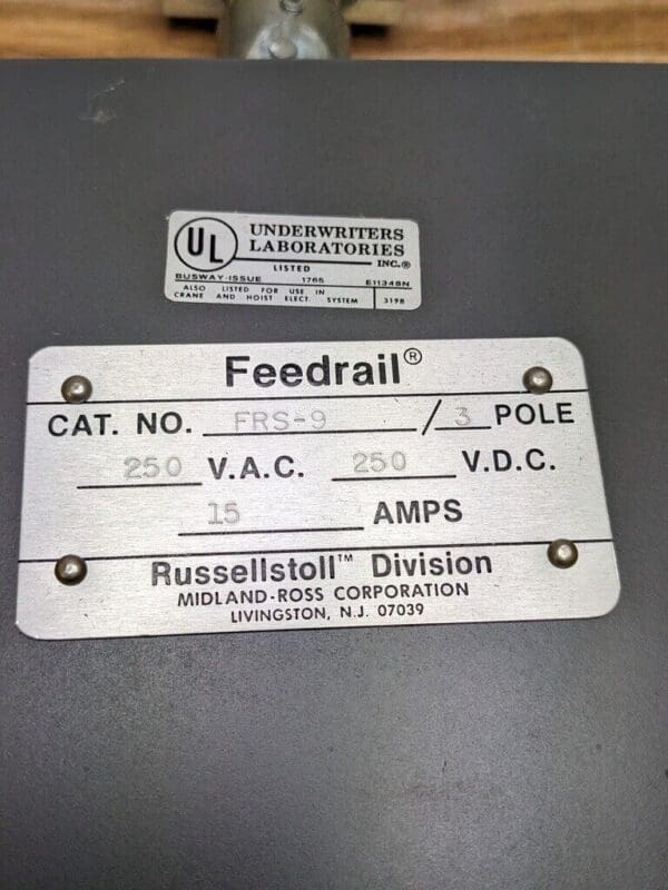 Russellstoll FRS9 Feedrail Trolley 15 Amps 250 VAC 3 Pole