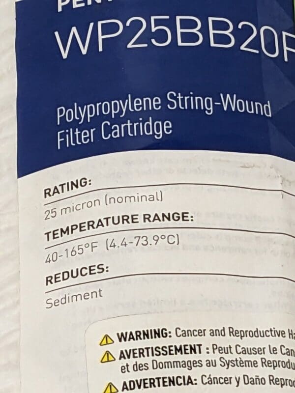 PENTAIR Plumbing Cartridge Filter: 4-1/2" OD, 20" Long, 25 micron WP25BB20P