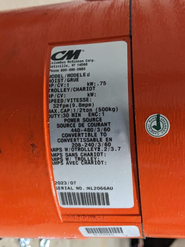 CM Lodestar Electric Chain Hoist 1/2 Ton Capacity 15 Ft. Lift 4214NH Damaged