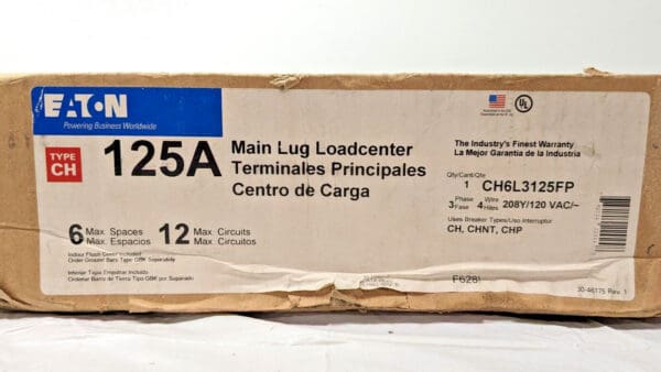 Eaton Main Lug Loadcenter 6 Spaces 12 Circuits 125A CH6L3125FP