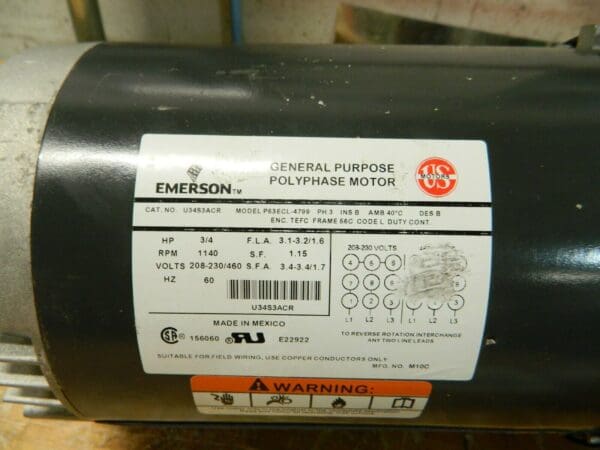 US Motors 3/4 HP TEFC Standard Efficient Motor 208-230/460V 3PH U34S3ACR