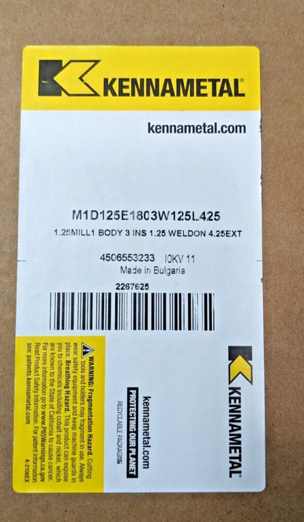 Kennametal Indexable Square-Shoulder End Mill 1.25"D M1D125E1803W125L425 2267625