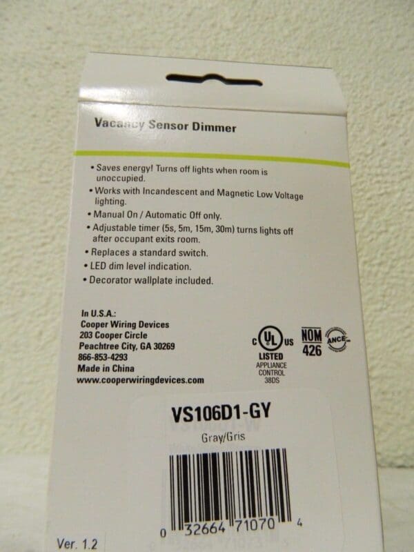 Cooper Infrared Vacancy Sensor Wall Switch 1,000 Sq. Ft. Coverage VS106D1-GY