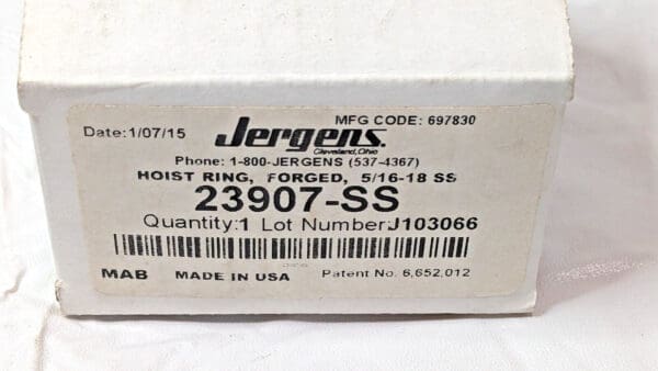 Jergens SS Forged Center-Pull Hoist Ring 5/16"-18 Thread 800Lb Load Cap 23907-SS