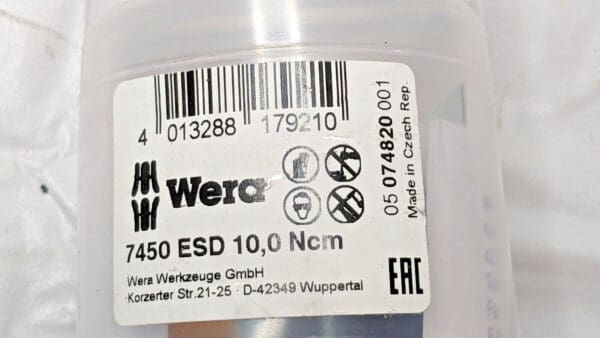 Wera Torque Screwdriver 7450 ESD 10.0 NCM 1/4"Dr 0.1 - 0.34Nm Torque 05074820001