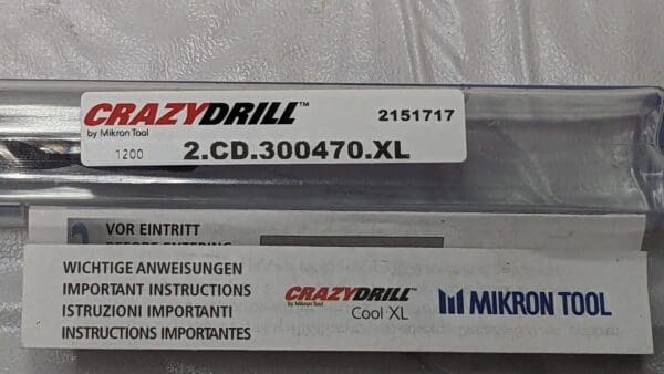 Mikron Tool CrazyDrill Carbide Drill Coolant Thru 30xD 0.1850"Dia 2.CD.300470.XL