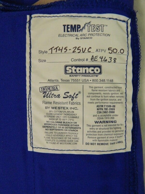 Stanco Temp Test Arc Welding Leggings HRC Level 4 Garment 1 Pair TT4525VC