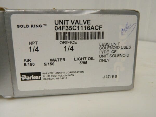 Parker 1/4" Port Brass Three-Way Quick Exhaust Solenoid Valve 04F35C1116ACF