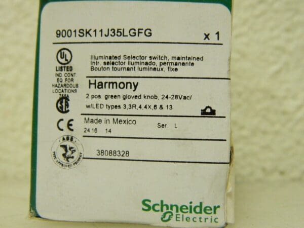 Schneider Electric Selector Switch 30mm Mount Hole 2 Position 9001SK11J35LGFG