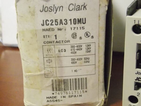 Joslyn Clark 25A 480v Coil IEC Open Contactor JC25A310M-U