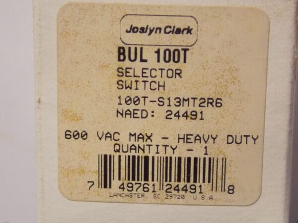 Joslyn Clark Machine Selector Switch 240-600 VAC Red 3 Position #100T-S13MT2R6