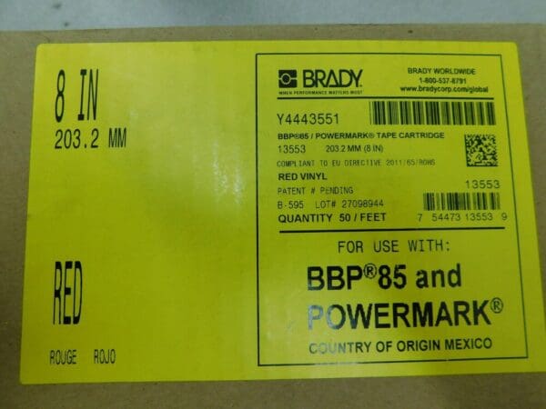 BRADY Vinyl Tape: 8" x 50', Red. 13553