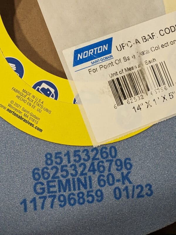 NORTON Surface Grinding Wheel: 14" Dia, 1" Thick, 5" Arbor, 60 Grit 66253246796