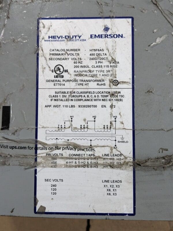 Sola / Hevi-Duty HT5F6AS General Purpose Transformer 480D-240DCT 6KVA 3PH