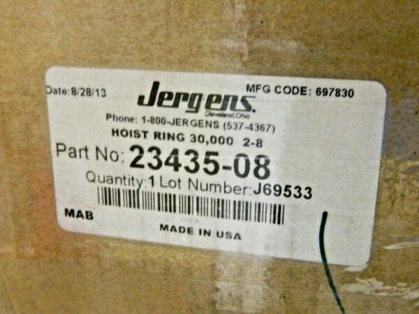 Jergens Center Pull Hoist Ring 2-8 Thread 30000 Lb Load Capacity 23435-08