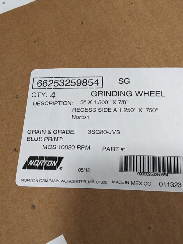 Norton Grinding Wheel 3" x 1.500" x 7/8" Qty 4 66253259854