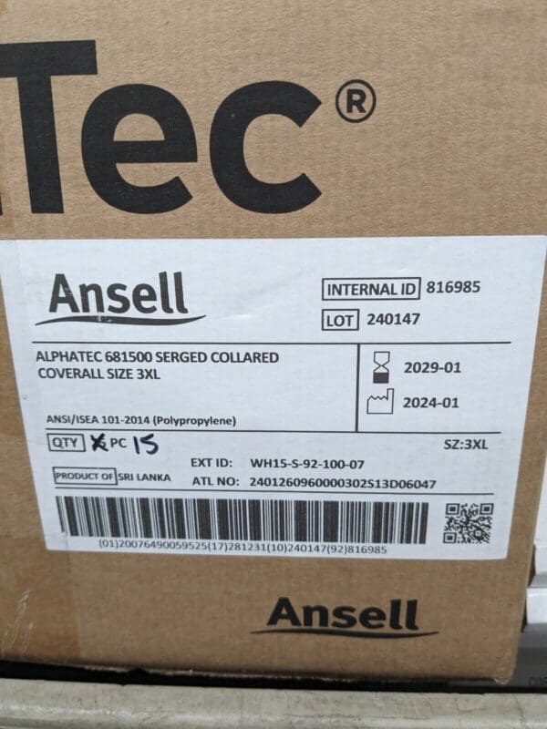 ANSELL Disposable Coveralls: Water, Sz 3XL, 1.4200 oz Qty 15 WH15-S92-100-07