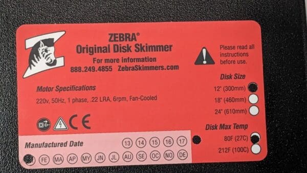 Zebra Skimmers Original Disk Skimmer 12" Disk 220V 50Hz LH300 PARTS/REPAIR