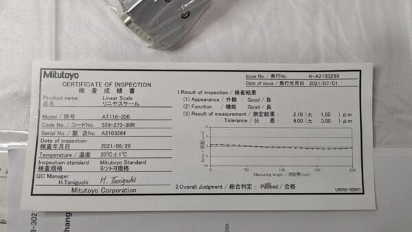 Mitutoyo Linear Scale 8"/200mm Range AT116-200 539-273-30R