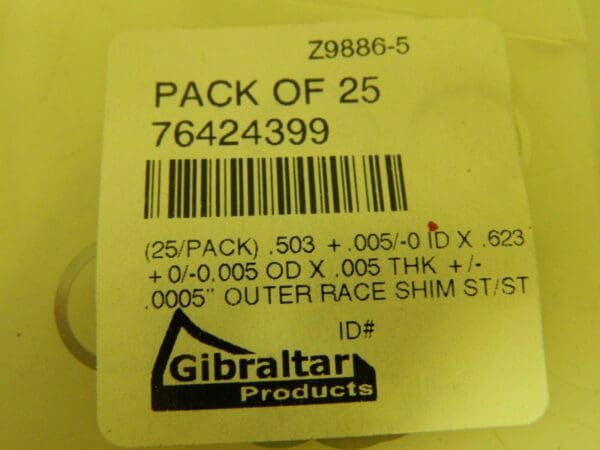 Gibraltar Shim 75 Pack 0.503 to 0.508" Inside x 0.618 to 0.623" OD 76424399