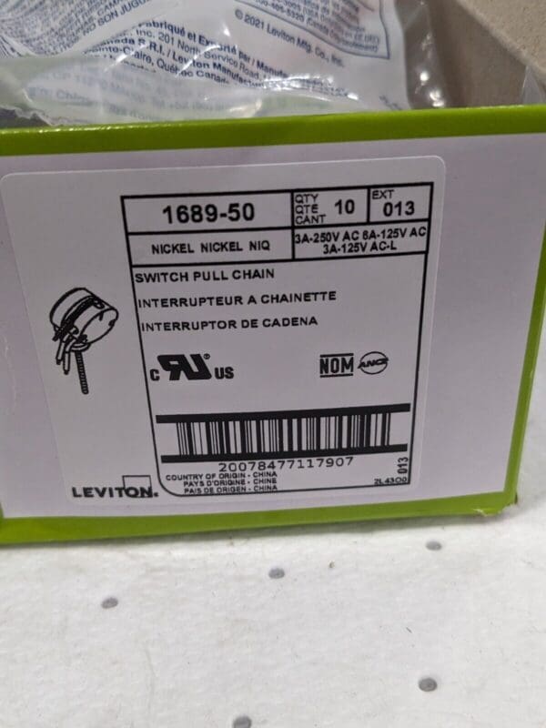 LEVITON Pull Chain Switch, 3-Speed, 4-Position Qty 10 1689-50