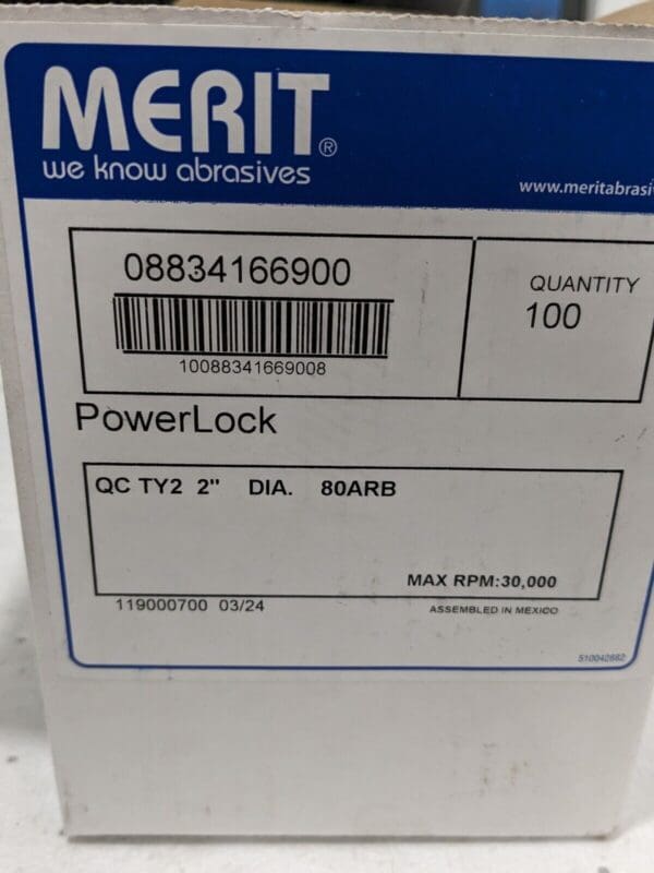 Merit Quick-Change Disc: Type S, 2" Dia, 80 Grit Qty 100 08834166900