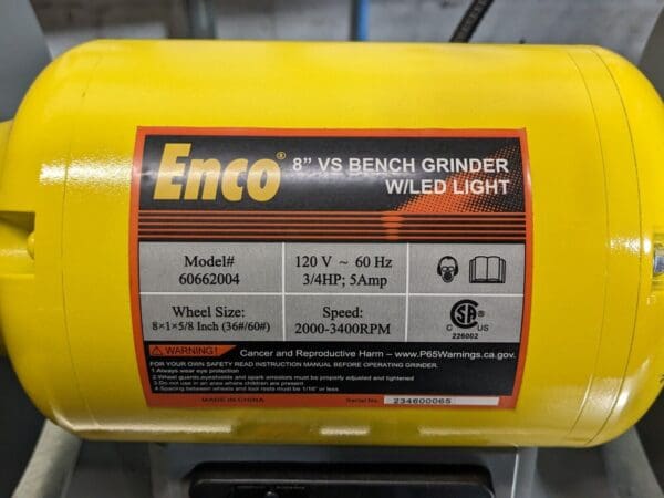 Enco 8" Variable Speed Bench Grinder 3400 RPM Max 3/4 HP 120V Damaged