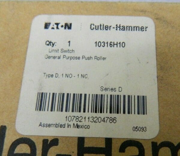 Eaton Cutler-Hammer Limit Switch General Purpose Push Roller 10316H-10