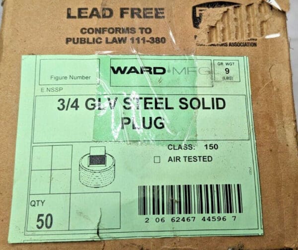 BOX OF 50 Ward Mfg 3/4" Square Head Solid Plugs Galvanized Steel E.NSSP