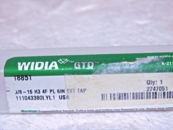 Widia GTD HSS Extension Hand Plug Tap 3/8-16 H3 Thread Limit 6” OAL 18851 USA