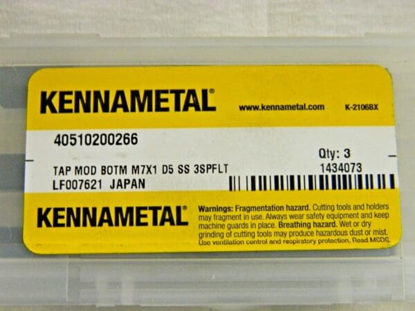 Kennametal Fast Spiral Flute Taps M7 x 1.00 D5 3FL HSSe 1434073