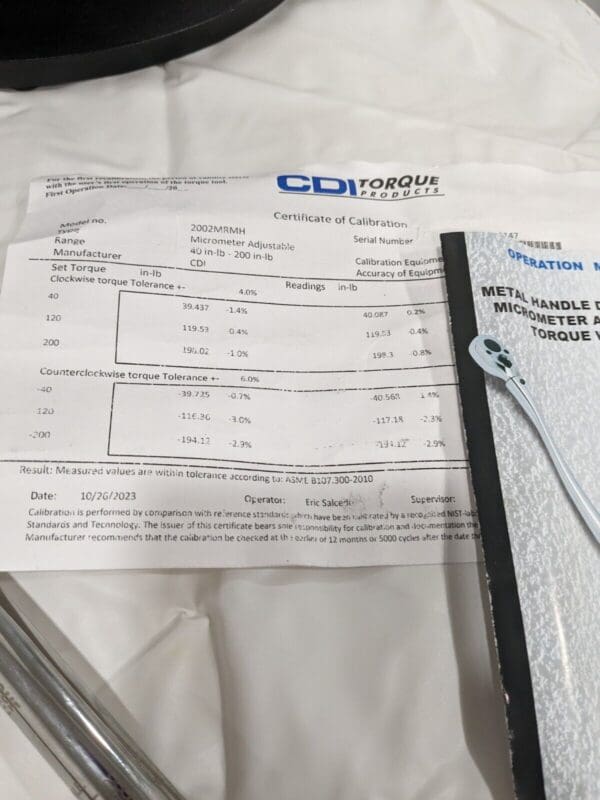 CDI 3/8 Torque Wrench 40-200 Inch Lbs. 2002MRMH FAILED CALIBRATION