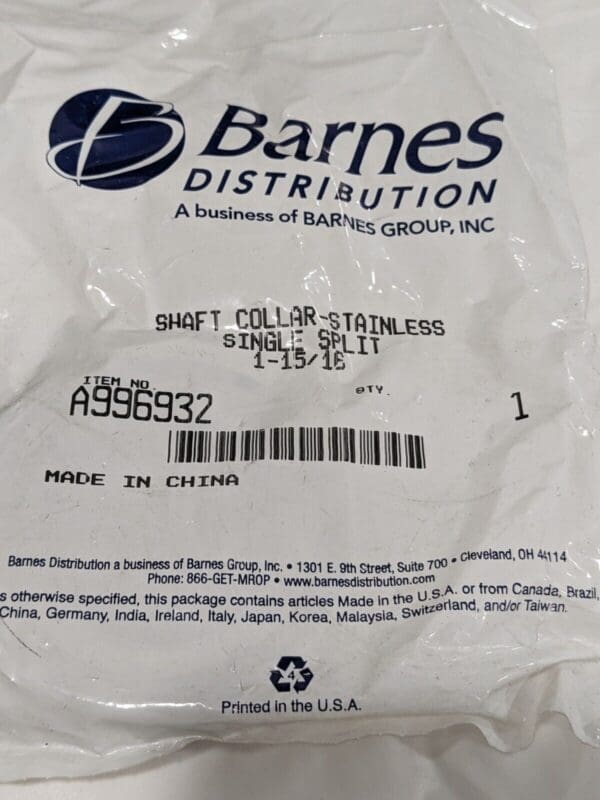 Barnes 1-15/16" One-Piece Split Shaft Collar Stainless A996932