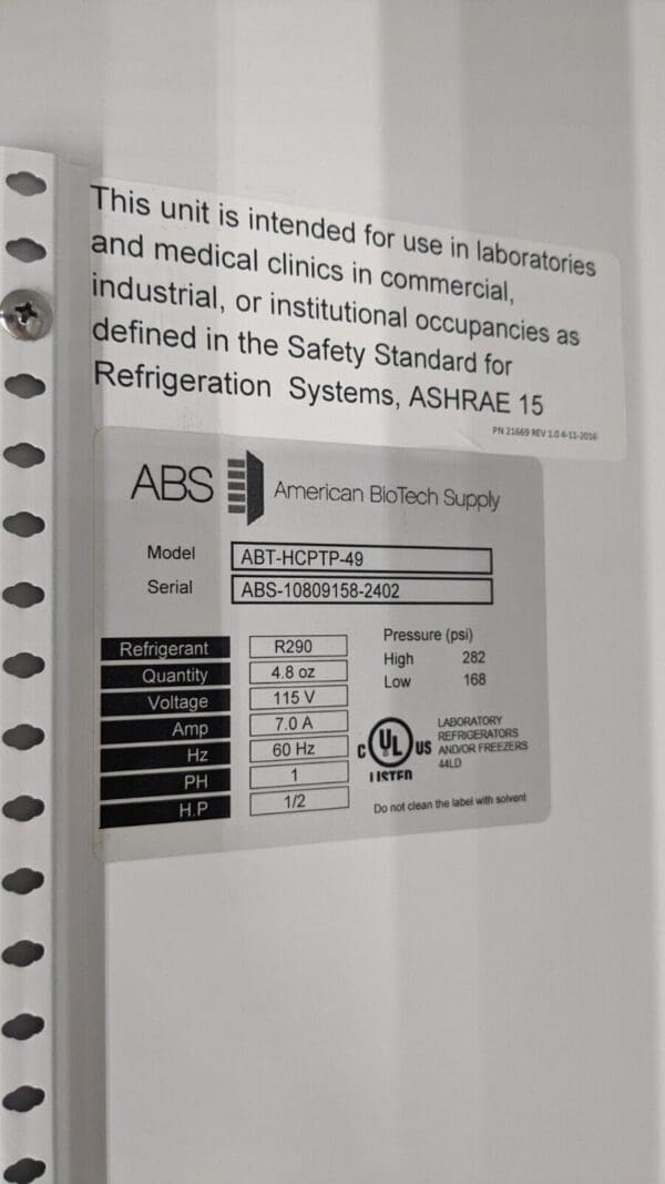 American Biotech Laboratory Refrigerator 49 Cu. Ft. Capacity 115v ABT-HCPTP-49