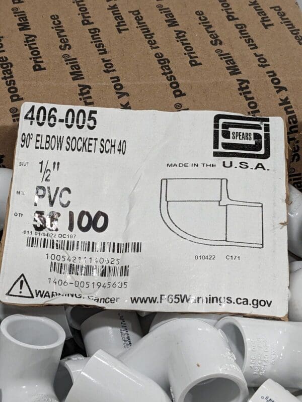 Spears 1/2" PVC Plastic Pipe 90° Elbow Schedule 40 Qty 100 406-005