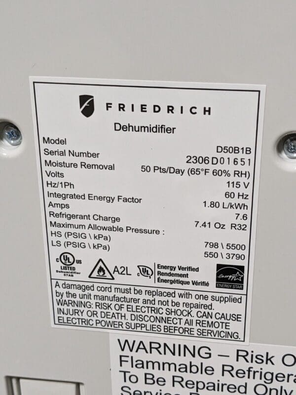 Friedrich Portable Dehumidifier 50 Pint Capacity 115v D50B1B Parts / Repair