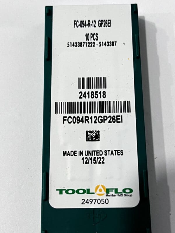 Tool-Flo Cutoff Insert: FC094R12 GP26, Carbide, 3/32" Cutting Width Pack of 10