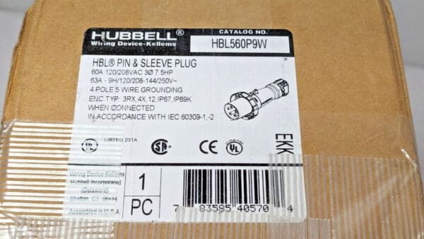 HUBBELL Pin & Sleeve Plug 60A 120/208V 3 Phase 4P/5W Male Plug Blue HBL560P9W