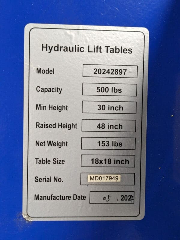 Pro Source Mobile Hydraulic Lift Table 500 lb. Capacity 18" x 18" Platform